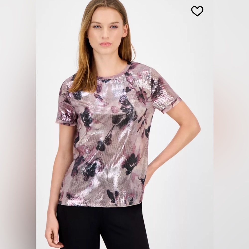 Anne Klein Sequin Floral Short Sleeve Top SZ Small NWT